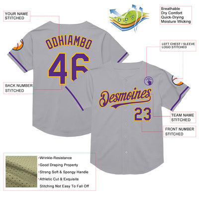 Custom Gray Purple-Gold Mesh Authentic Throwback Baseball Jersey