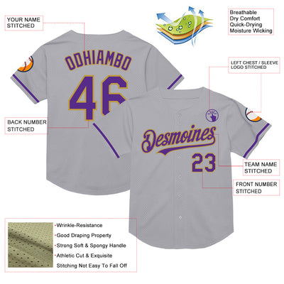 Custom Gray Purple-Old Gold Mesh Authentic Throwback Baseball Jersey