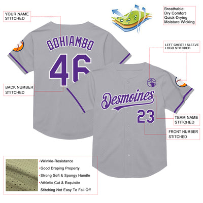 Custom Gray Purple-White Mesh Authentic Throwback Baseball Jersey