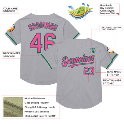 Custom Gray Pink-Kelly Green Mesh Authentic Throwback Baseball Jersey