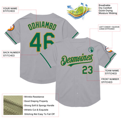 Custom Gray Kelly Green-Old Gold Mesh Authentic Throwback Baseball Jersey