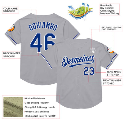 Custom Gray Royal-White Mesh Authentic Throwback Baseball Jersey