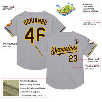 Custom Gray Brown-Yellow Mesh Authentic Throwback Baseball Jersey