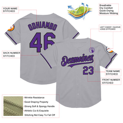 Custom Gray Purple-Black Mesh Authentic Throwback Baseball Jersey