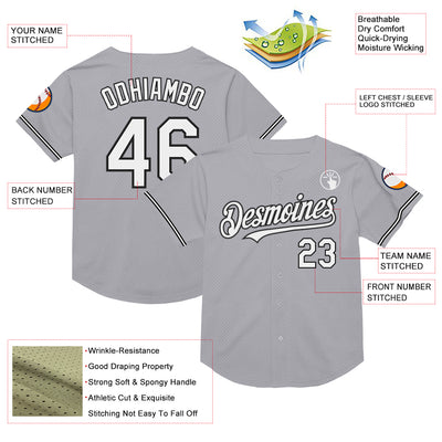 Custom Gray White-Black Mesh Authentic Throwback Baseball Jersey