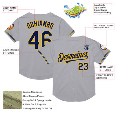 Custom Gray Navy-Gold Mesh Authentic Throwback Baseball Jersey