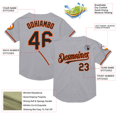 Custom Gray Black-Orange Mesh Authentic Throwback Baseball Jersey