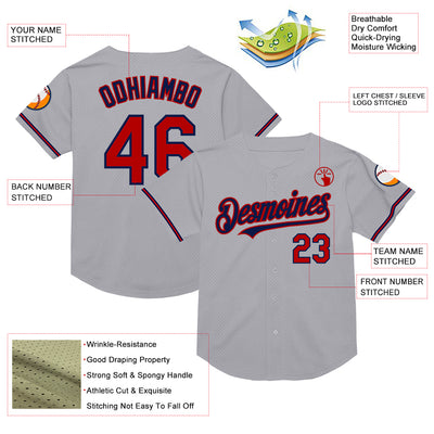 Custom Gray Red-Navy Mesh Authentic Throwback Baseball Jersey