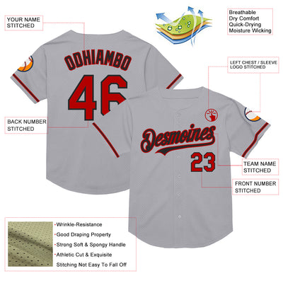 Custom Gray Red-Black Mesh Authentic Throwback Baseball Jersey