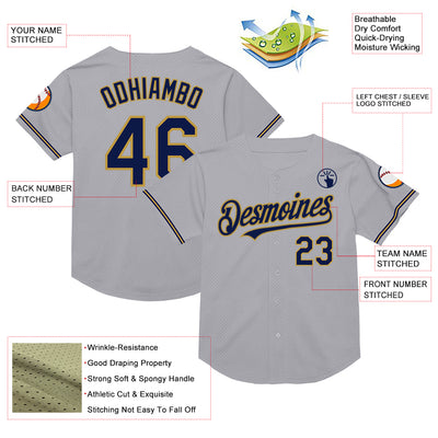 Custom Gray Navy-Old Gold Mesh Authentic Throwback Baseball Jersey