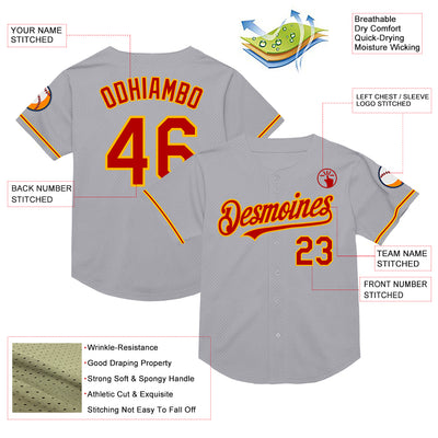 Custom Gray Red-Gold Mesh Authentic Throwback Baseball Jersey