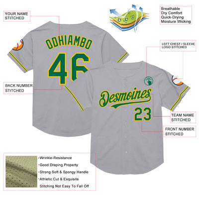 Custom Gray Kelly Green-Yellow Mesh Authentic Throwback Baseball Jersey