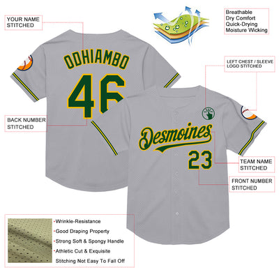 Custom Gray Green-Gold Mesh Authentic Throwback Baseball Jersey