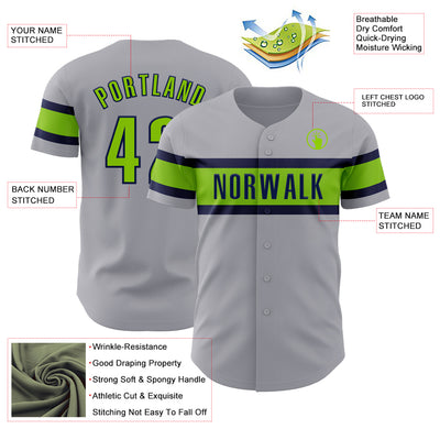 Custom Gray Neon Green-Navy Authentic Baseball Jersey