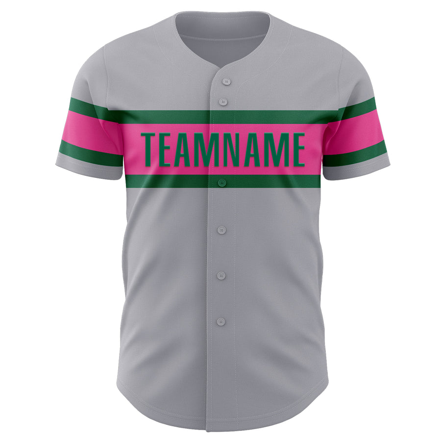 Custom Gray Pink-Kelly Green Authentic Baseball Jersey