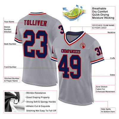 Custom Gray Navy Red-White Mesh Authentic Throwback Football Jersey