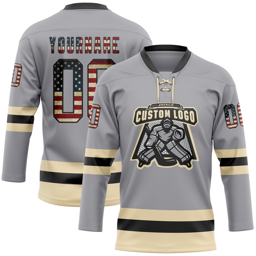 Custom Gray Vintage USA Flag Black-Cream Hockey Lace Neck Jersey