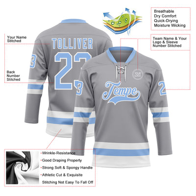 Custom Gray Light Blue-White Hockey Lace Neck Jersey