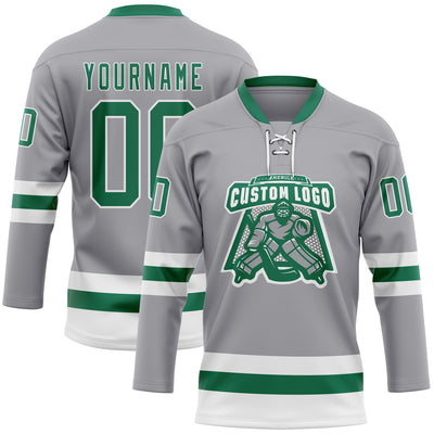 Custom Gray Kelly Green-White Hockey Lace Neck Jersey