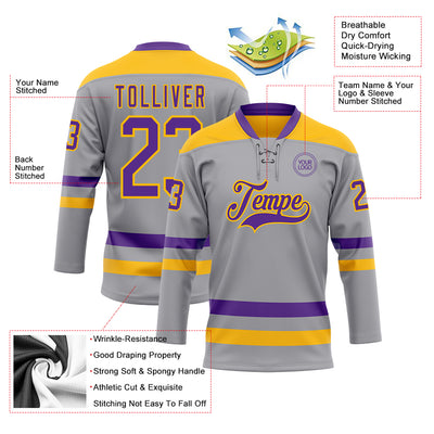 Custom Gray Purple-Gold Hockey Lace Neck Jersey