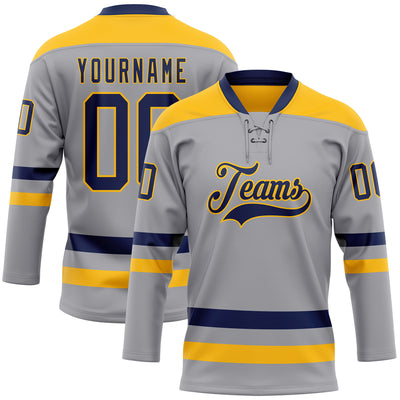 Custom Gray Navy-Gold Hockey Lace Neck Jersey