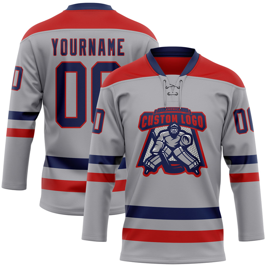 Custom Gray Navy-Red Hockey Lace Neck Jersey