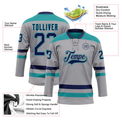 Custom Gray Navy-Teal Hockey Lace Neck Jersey