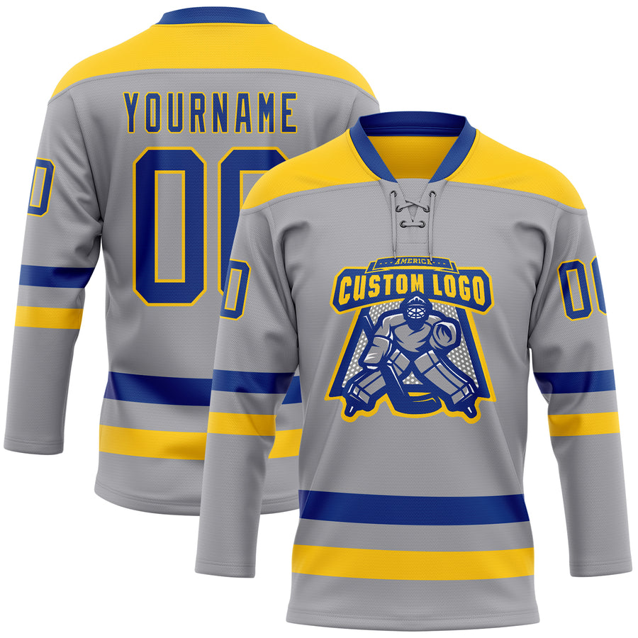 Custom Gray Royal-Yellow Hockey Lace Neck Jersey