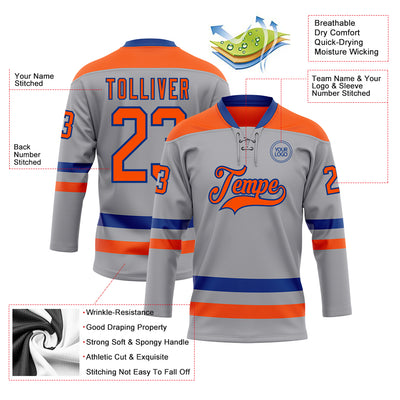 Custom Gray Orange-Royal Hockey Lace Neck Jersey