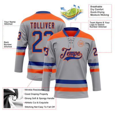 Custom Gray Royal-Orange Hockey Lace Neck Jersey