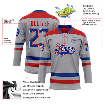 Custom Gray Royal-Red Hockey Lace Neck Jersey