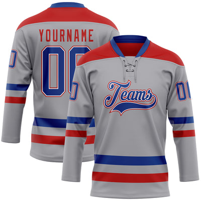 Custom Gray Royal-Red Hockey Lace Neck Jersey