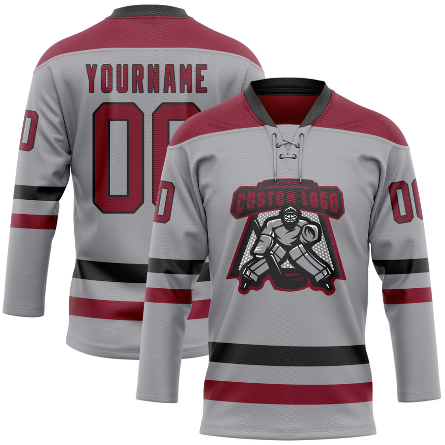 Custom Gray Crimson-Black Hockey Lace Neck Jersey