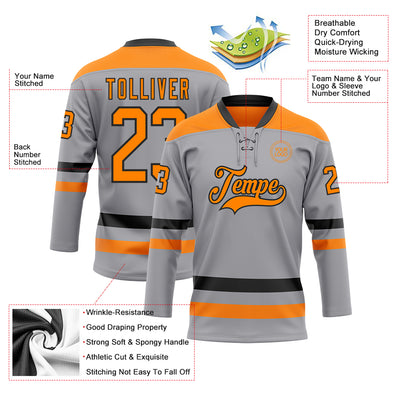 Custom Gray Bay Orange-Black Hockey Lace Neck Jersey