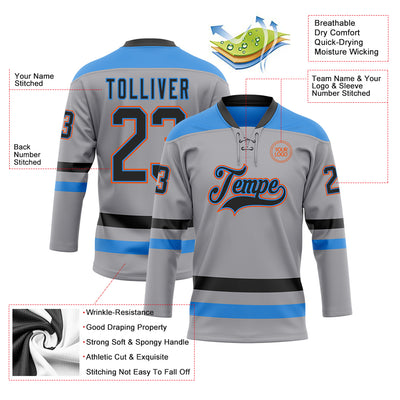 Custom Gray Black Powder Blue-Orange Hockey Lace Neck Jersey