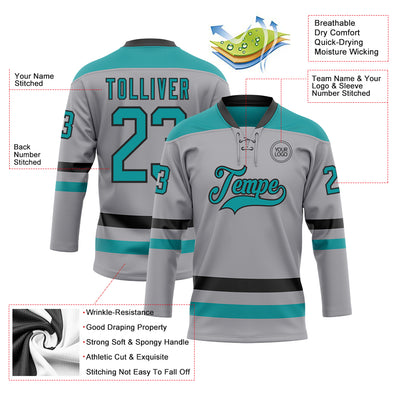 Custom Gray Teal-Black Hockey Lace Neck Jersey