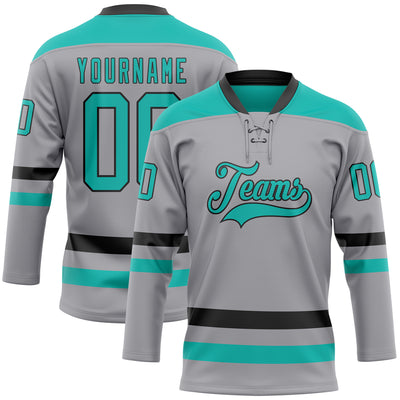 Custom Gray Aqua-Black Hockey Lace Neck Jersey