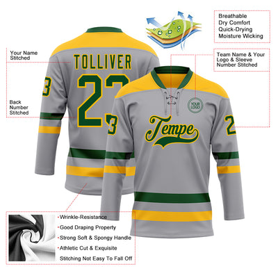 Custom Gray Green-Gold Hockey Lace Neck Jersey