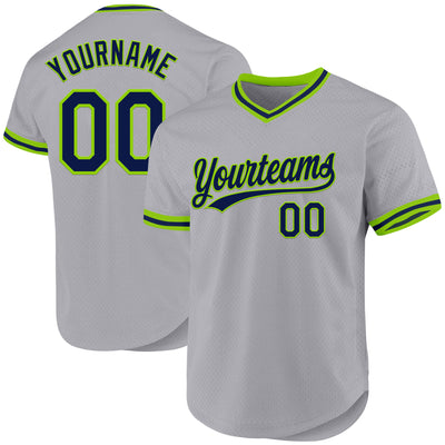 Custom Gray Navy-Neon Green Authentic Throwback Baseball Jersey