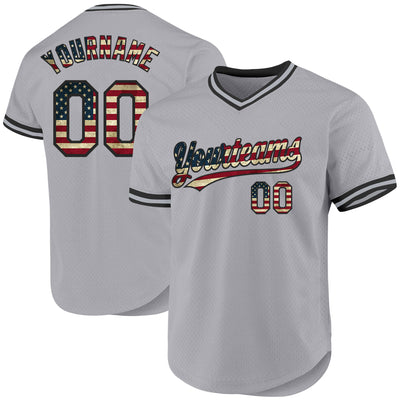 Custom Gray Vintage USA Flag-Black Authentic Throwback Baseball Jersey