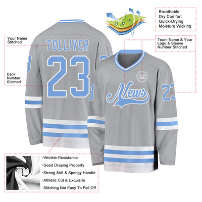 Custom Gray Light Blue-White Hockey Jersey