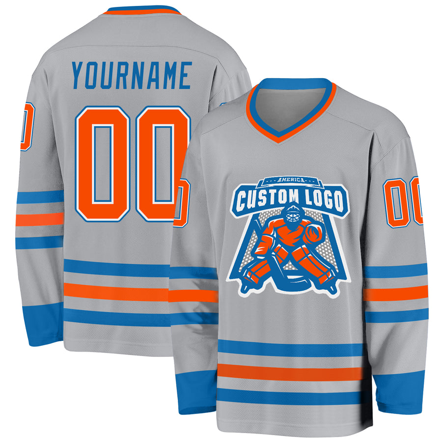 Custom Gray Orange-Blue Hockey Jersey