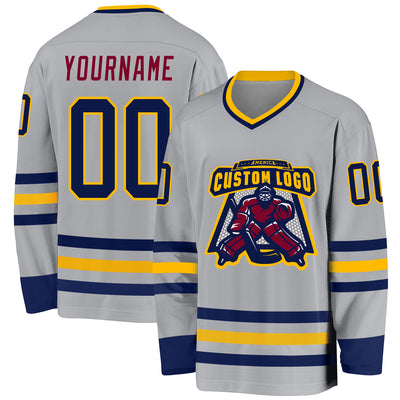 Custom Gray Navy Gold-Maroon Hockey Jersey