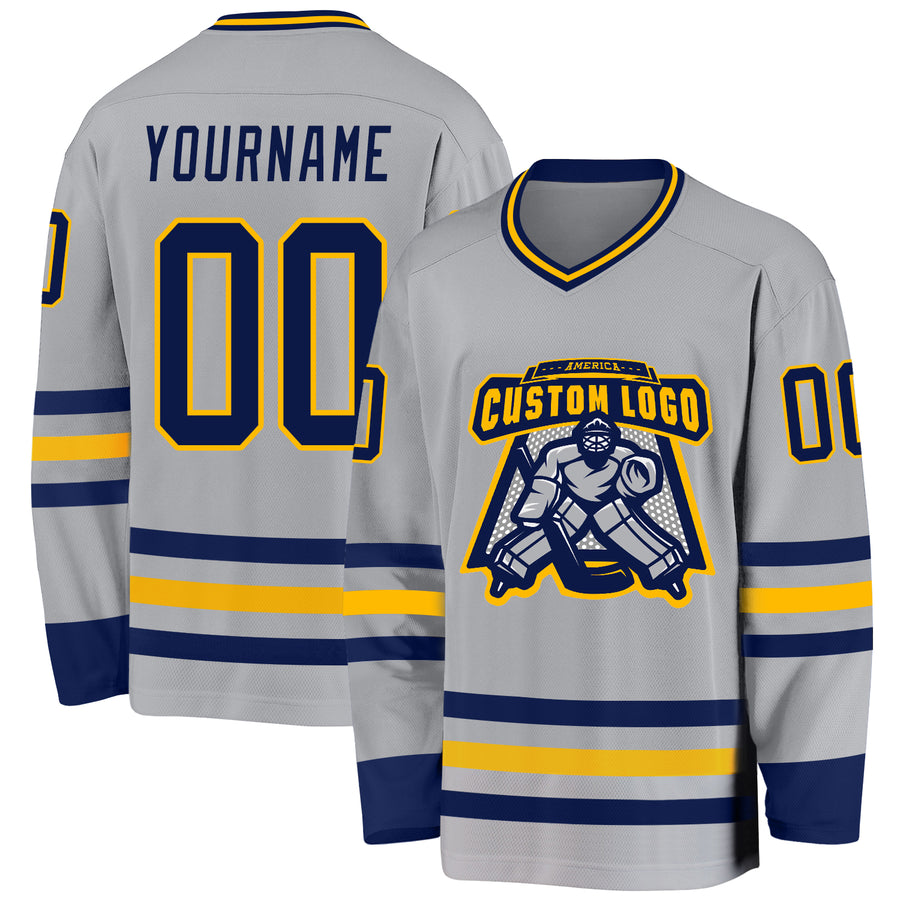 Custom Gray Navy-Gold Hockey Jersey