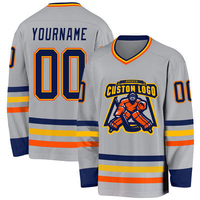 Custom Gray Navy Gold-Orange Hockey Jersey