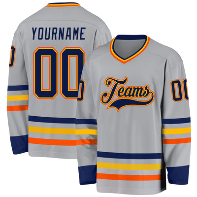 Custom Gray Navy Gold-Orange Hockey Jersey