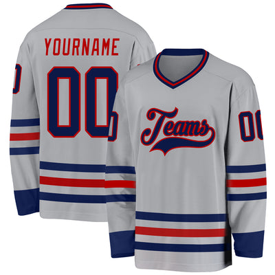 Custom Gray Navy-Red Hockey Jersey