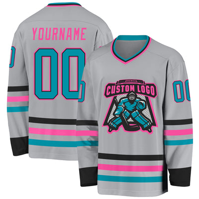 Custom Gray Teal Black-Pink Hockey Jersey