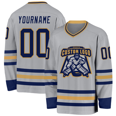 Custom Gray Navy-Old Gold Hockey Jersey