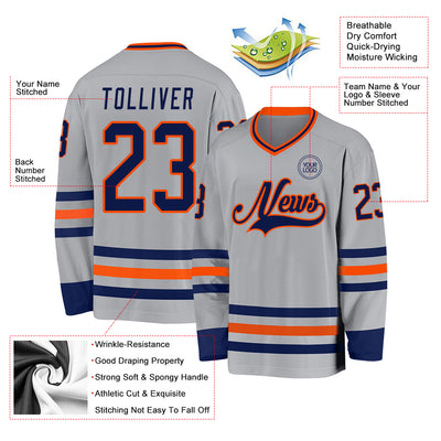 Custom Gray Navy-Orange Hockey Jersey